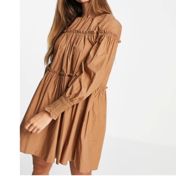 Mango MNG Size 6 Puffed Tiered Sleeve Organic Cotton Camel‎ Neutral Mini Dress - Picture 1 of 14